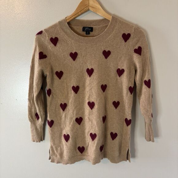 J.Crew 100% Cashmere Sweater Beige Red Hearts 3/4 Sleeve Pullover Womens Sz XS - Picture 1 of 5